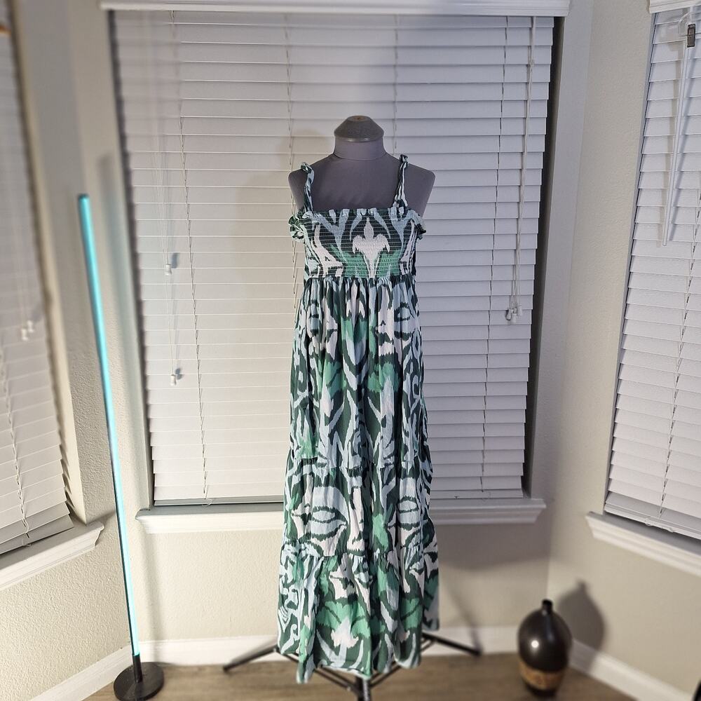 Sheridan French Kelly Maxi Dress Medium Green White Ikat Smocked Tie Shoulder M